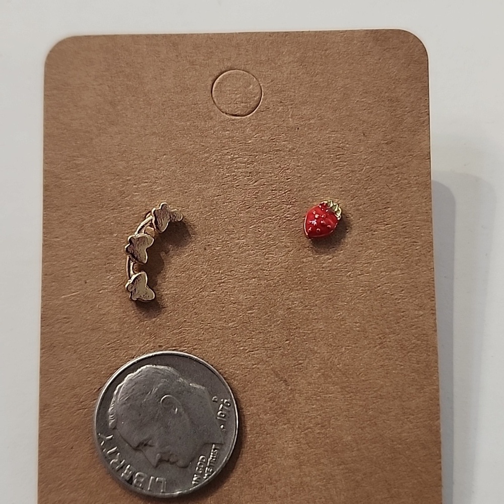 Gold Butterfly and Red Strawberry Stud Earrings MIX & MATCHED - Picture 6 of 6